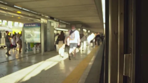 Train Station Platform View WIth Passangers Passing By Video stock 216189953