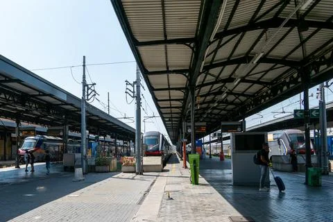 Train station platforms with modern regional trains in Italy, Bologna Stock Photos