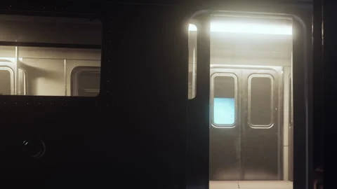 Train station scene with two subway cars at night Stock Footage 342037934