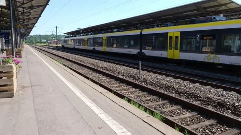 Train-station with train on rail Stock Footage 219947729