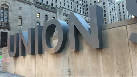 Train station Union Station sign Toronto dusk light patterns Video stock 246711896
