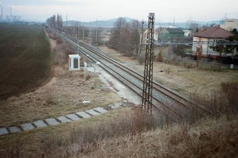 Train stop in Vyskov v Cechach in Czechia on 10. February 2025 on color fil.. Stock Photos
