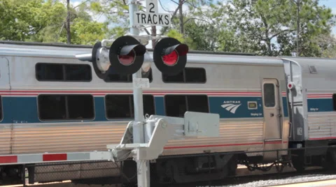 Train Stopped in Background of Blinking Red Warning Lights Stock Footage 37254102