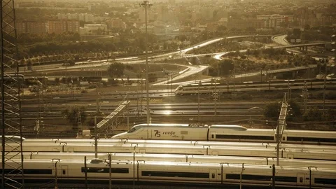 Train at sunset in Madrid Stock Footage 82892392