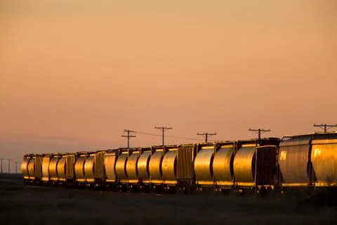 Train at Sunset Saskatchewan Canada 스톡 사진