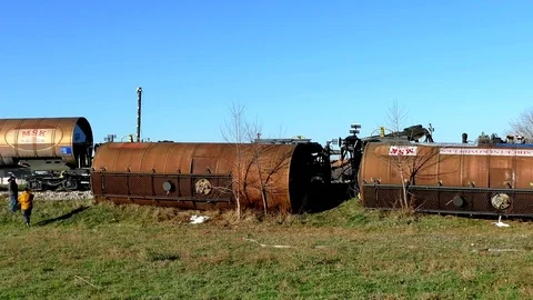 Train Tank with Hazardous Material Slipped off the Rails Stock Footage 84733049