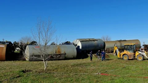 Train Tank with Hazardous Material Slipped off the Rails Stock Footage 84734046
