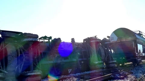 Train Tank with Hazardous Material Slipped off the Rails Stock Footage 84734890
