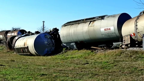Train Tank with Hazardous Material Slipped off the Rails Stock Footage 84734969