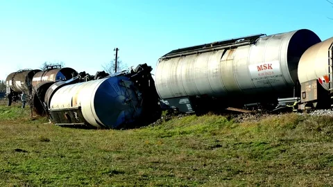 Train Tank with Hazardous Material Slipped off the Rails Stock Footage 84735293
