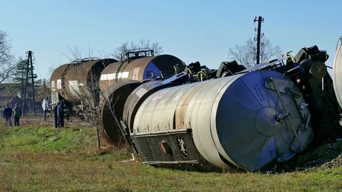 Train Tank with Hazardous Material Slipped off the Rails Stock Footage 84735861