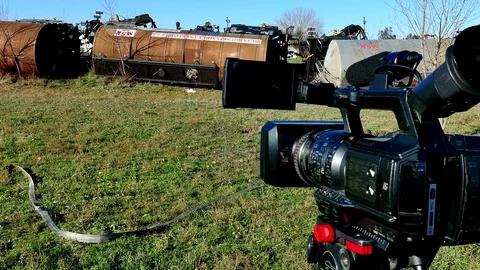 Train Tank with Hazardous Material Slipped off the Rails Stock Footage 84736159