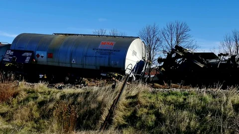 Train Tank with Hazardous Material Slipped off the Rails Stock Footage 84754627