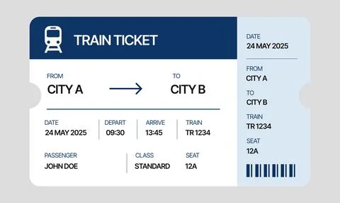 Train ticket template with railway boarding pass and barcode layout 스톡 일러스트
