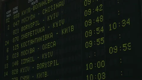 Train timetables Departure electronic digital screen board in Kiev timetable in Stock Footage 115856446