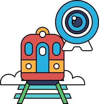 A train is on a track with a camera in front of it Stock Illustration