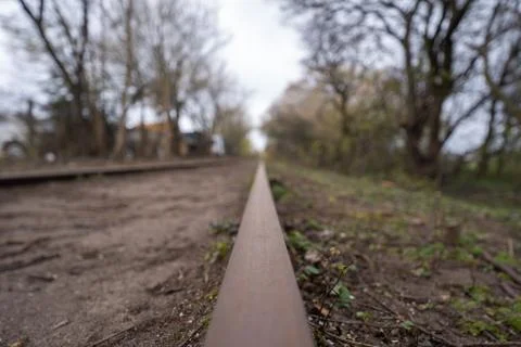 Train track in denmark. closeup rust on the tracks Foto stock