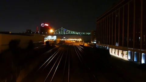 Train track with green bridge Stockbeeldmateriaal 116707700
