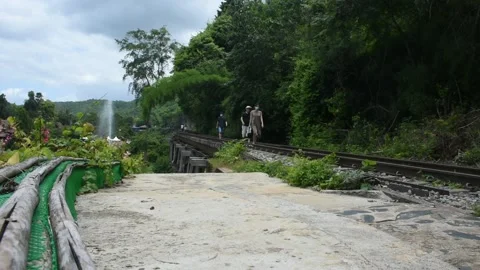 Train track on hellfire pass mountain at Tham krasae in Kanchanaburi, Thailand Stock Footage 156588969