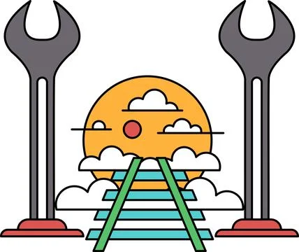 A train track with a moon in the sky and a pair of wrenches Ilustração Stock