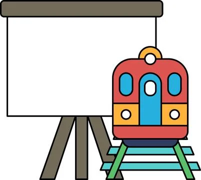 A train is on a track next to a projector screen Stock Illustration