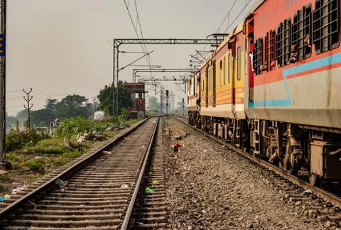 Train at track with passengers on board from different angels Fotos Stock