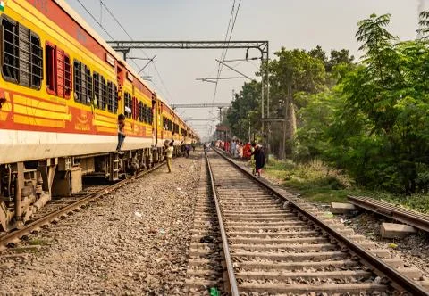 Train at track with passengers on board from different angels Stock Photos
