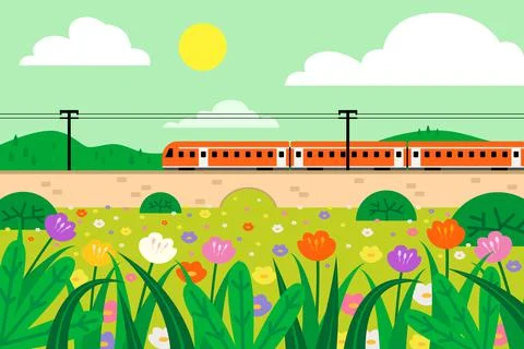 Train Track Passing Through a Field of Flowers Stock Illustration