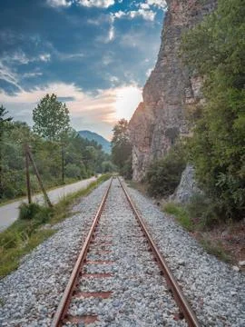 Train track rails at evening Stock Photos