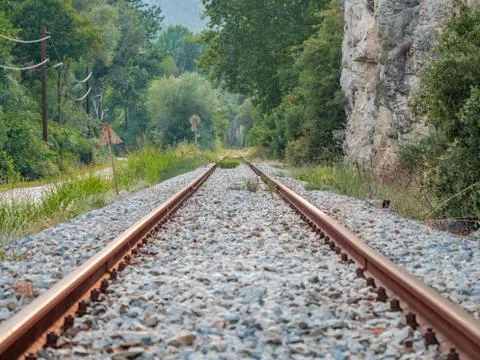 Train track rails line at evening close up Stock Photos