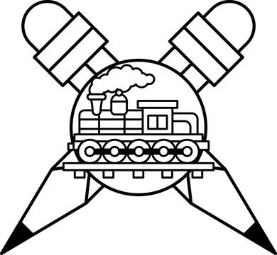 A train is on a track with a rocket in the background Illustrazione stock