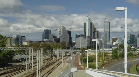 Train tracks and Skyline of Perth CBD Video stock 61416385