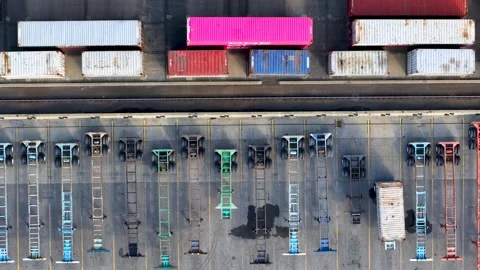 Train tracks , containers, container chassis at logistics hub in Columbus, .. Stock Footage 320439732