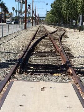 Train tracks crossing intersection crossroads switch perspective 스톡 사진