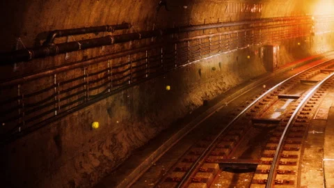 Train tracks in a dark tunnel showing rail lines and lighting effects Stock Footage 344971244