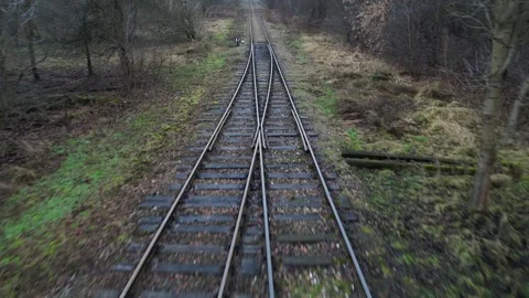 Train tracks diverging through a serene landscape, showcasing the environment Stock Footage 323920545