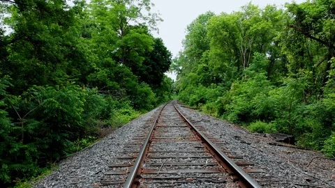 Train Tracks Empty Point of View with Trees Stock Footage 96224832
