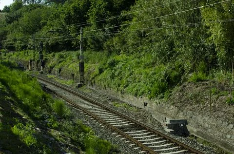 Train tracks in the empty station, no passing train Stock Photos