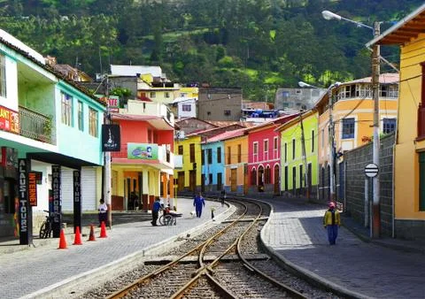Train tracks going through the town Alausi, Stock Photos