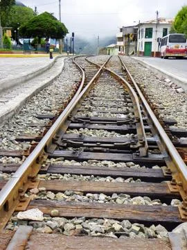 Train tracks going through the town, Alausi, Chimborazo province, Ecuador Stock Photos