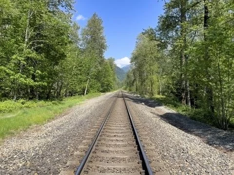 Train tracks going through woods and mountains Stock Photos