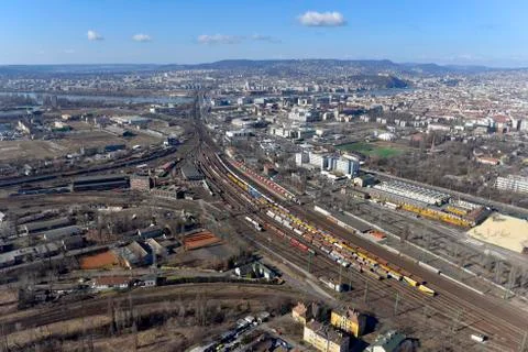 Train tracks, intersection Aerial 스톡 사진