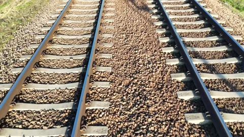 Train tracks lead through a vibrant green landscape, highlighting the continuous Видео 341468372