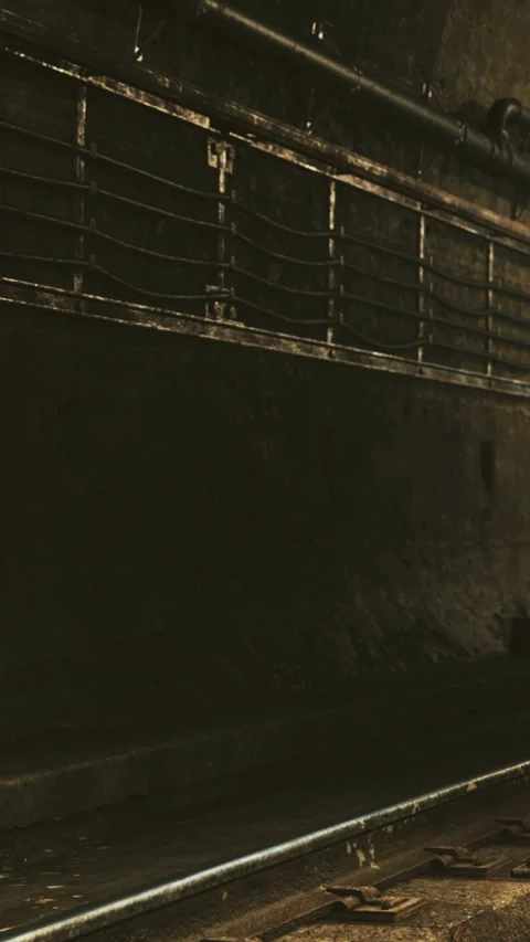 Train tracks next to a dark and empty tunnel in a city setting Stock Footage 336579265
