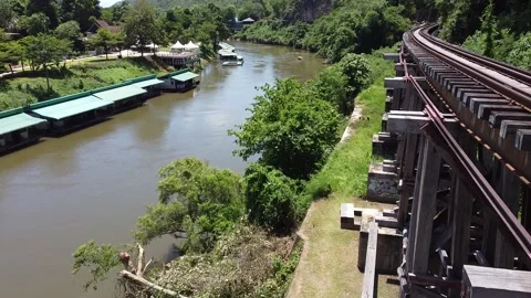 Train tracks over a river in Thailand Stock Footage 168575249