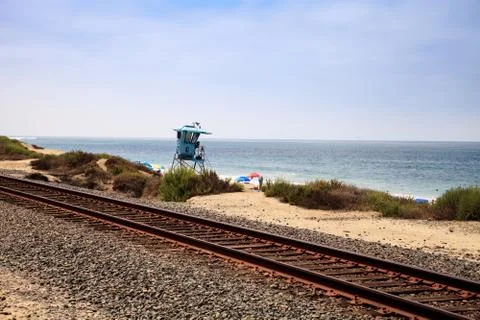 Train tracks run through San Clemente State Beach Stock Photos