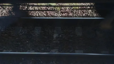 Train tracks shine under sunlight as a train approaches, creating a moment of 스톡 동영상 318289607