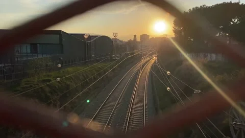 Train tracks sunset sunrise concept travel decision path choice Stock Footage 236765454