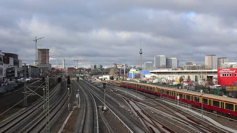 Train tracks with television tower and Berlin skyline in background Stock Footage 101269021