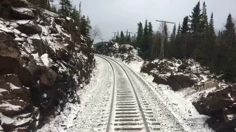 Train on Tracks Time Lapse Winter Forest Landscape Stock Footage 71110095